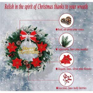 24In Christmas Weatherproof, with Red Bows Artificial Holly Leaves Wreath